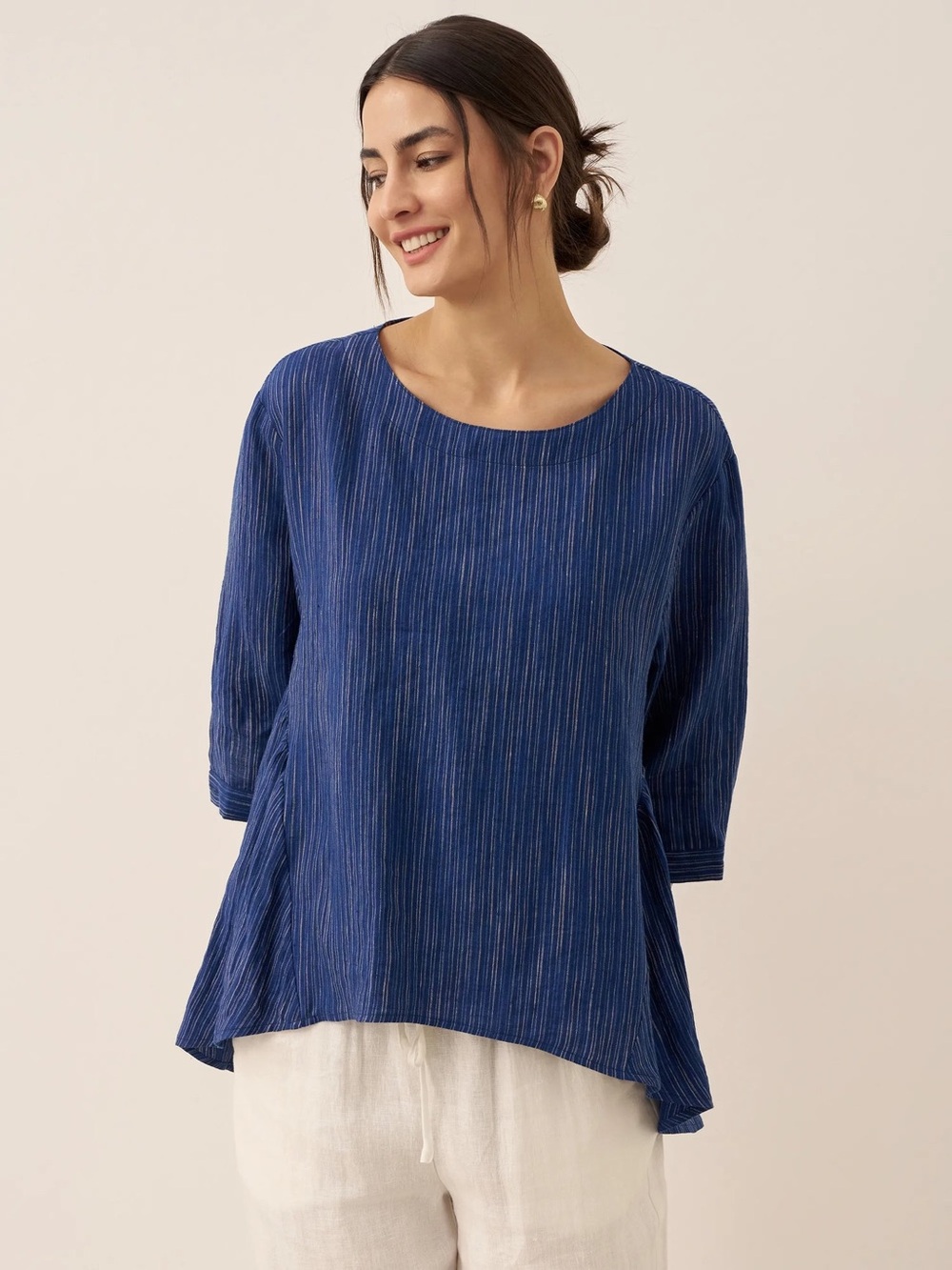 Lintico Blue Linen Scoop Neck Top Medium
